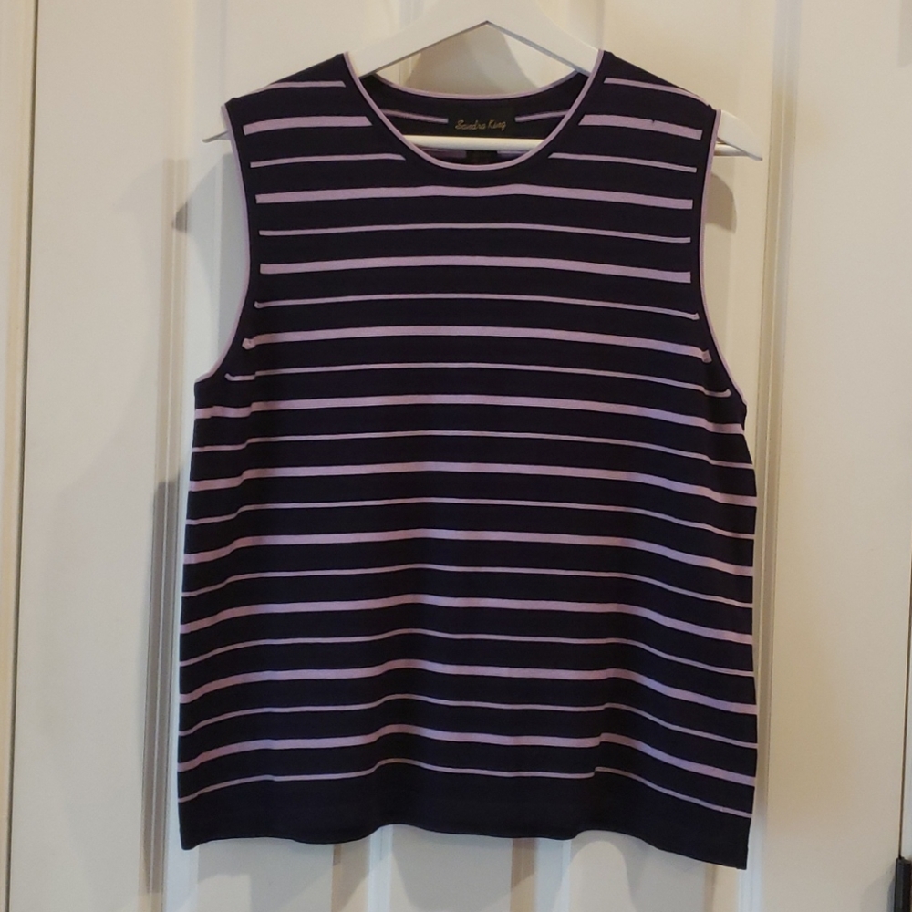 SANDRA KING Purple Striped Silk Shell Top sz L NEW